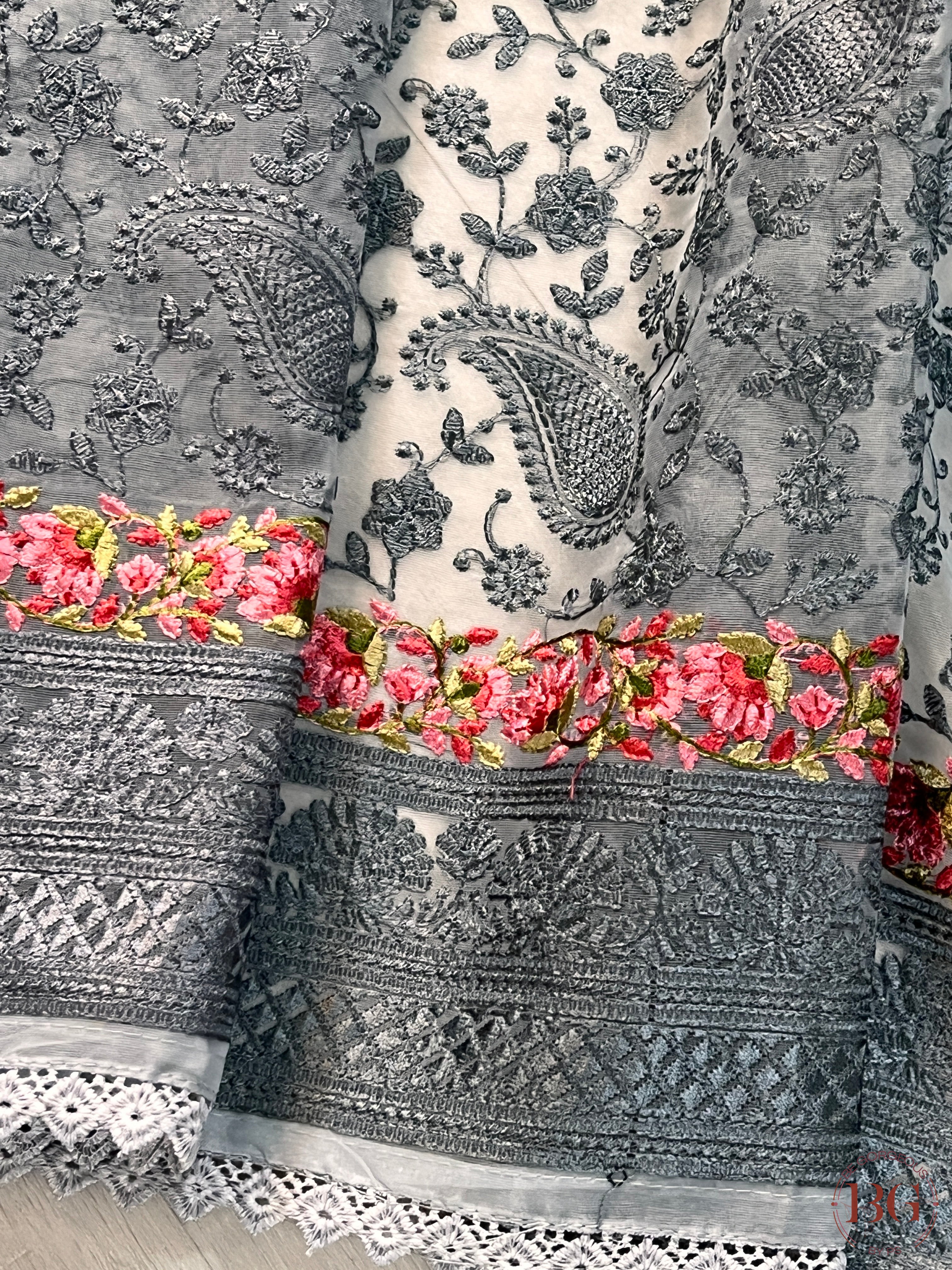 Organza with threadwork saree color - grey