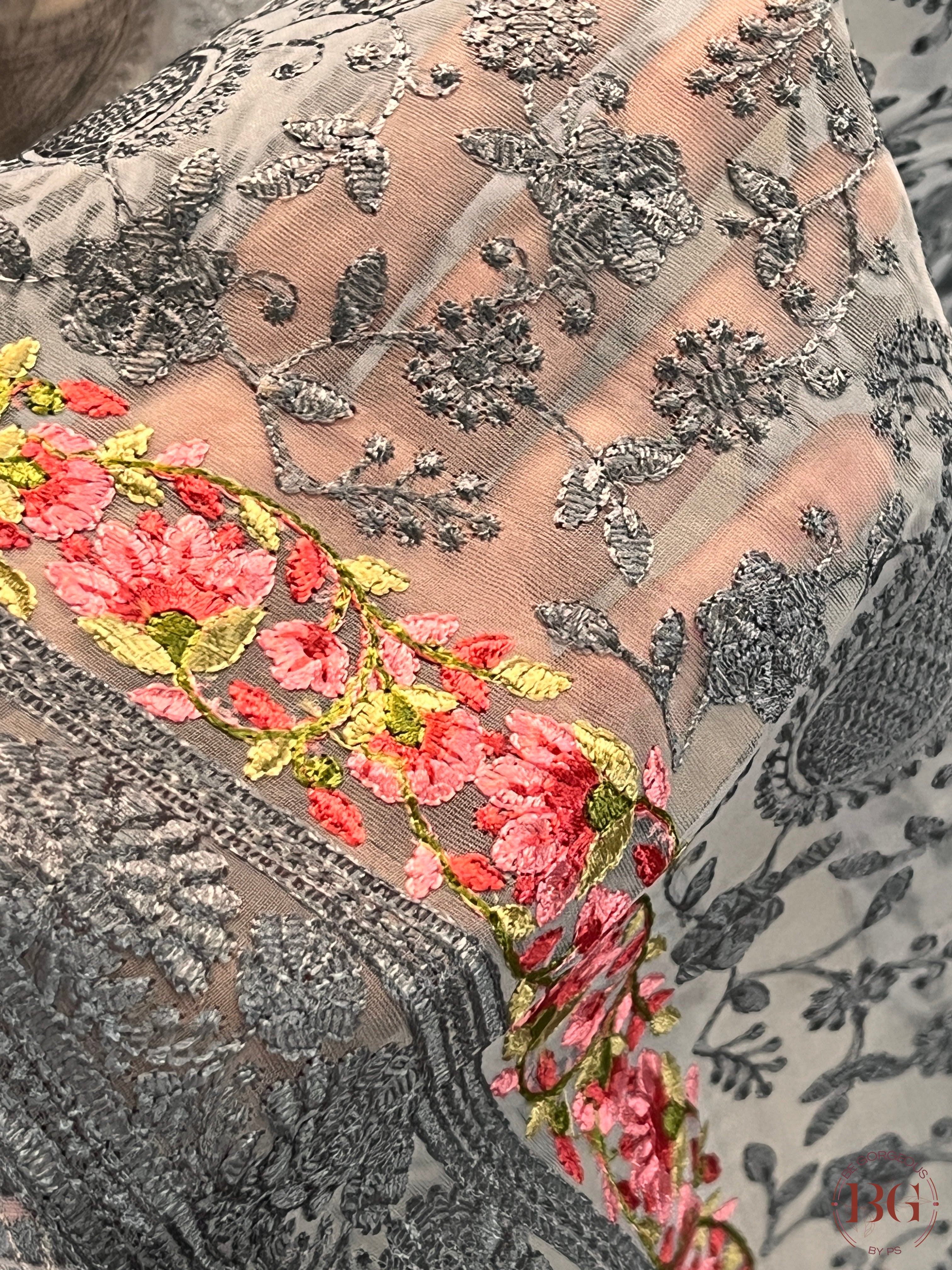 Organza with threadwork saree color - grey